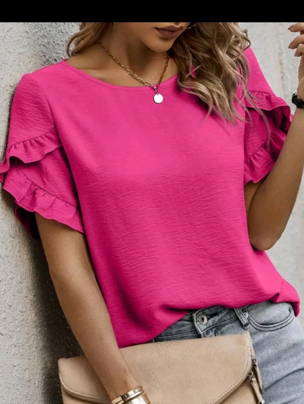 NWOT Emery Rose Ladies Ruffle-Sleeve Blouse in Hot Pink